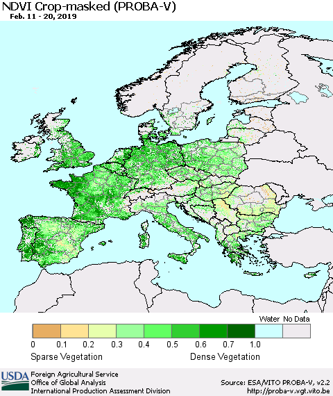 Europe NDVI Crop-masked (PROBA-V) Thematic Map For 2/11/2019 - 2/20/2019