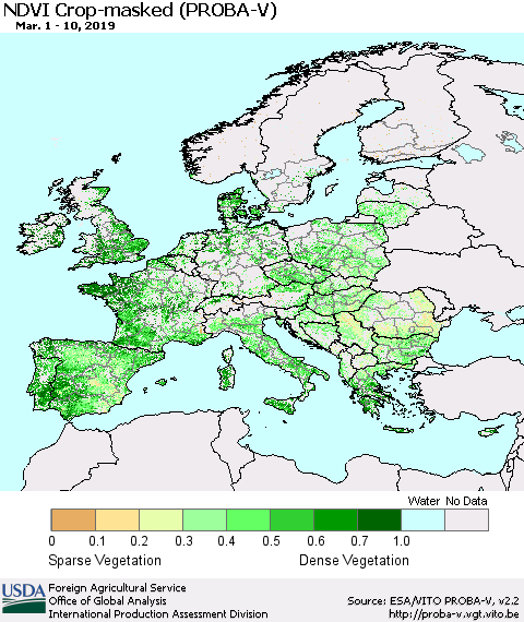 Europe NDVI Crop-masked (PROBA-V) Thematic Map For 3/1/2019 - 3/10/2019