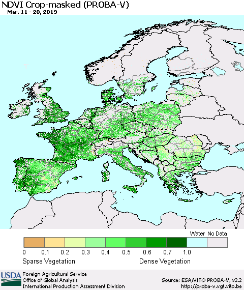 Europe NDVI Crop-masked (PROBA-V) Thematic Map For 3/11/2019 - 3/20/2019