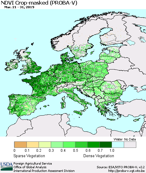 Europe NDVI Crop-masked (PROBA-V) Thematic Map For 3/21/2019 - 3/31/2019