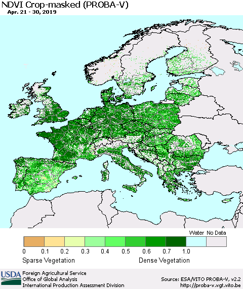Europe NDVI Crop-masked (PROBA-V) Thematic Map For 4/21/2019 - 4/30/2019
