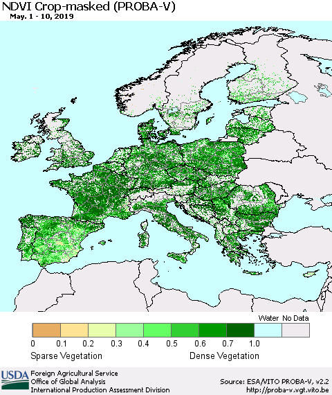 Europe NDVI Crop-masked (PROBA-V) Thematic Map For 5/1/2019 - 5/10/2019