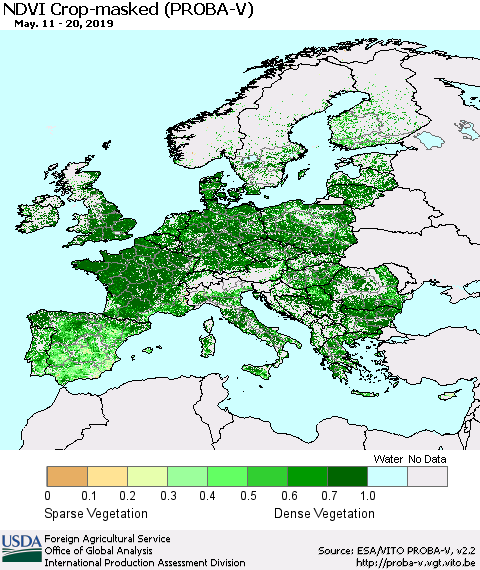 Europe NDVI Crop-masked (PROBA-V) Thematic Map For 5/11/2019 - 5/20/2019