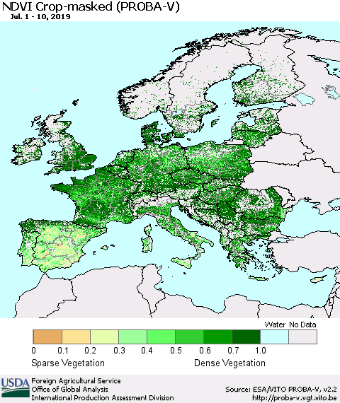 Europe NDVI Crop-masked (PROBA-V) Thematic Map For 7/1/2019 - 7/10/2019