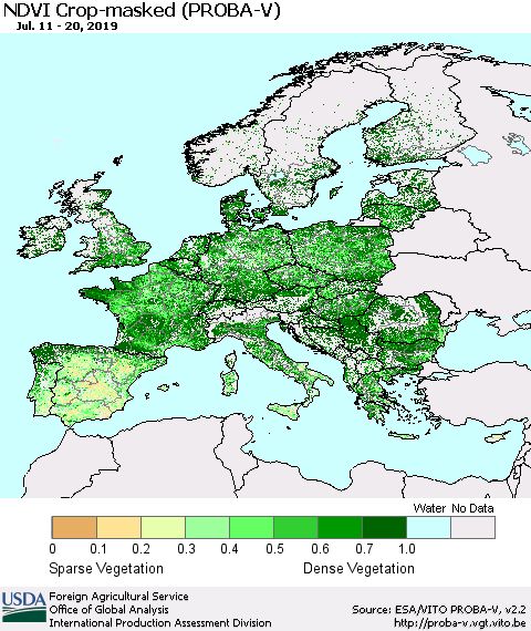 Europe NDVI Crop-masked (PROBA-V) Thematic Map For 7/11/2019 - 7/20/2019