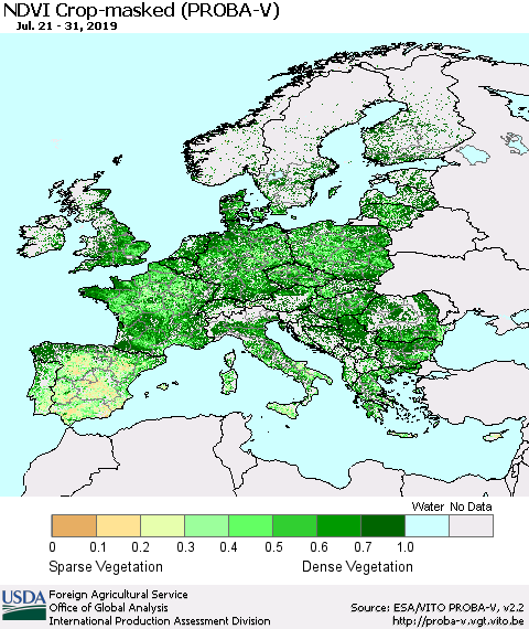 Europe NDVI Crop-masked (PROBA-V) Thematic Map For 7/21/2019 - 7/31/2019