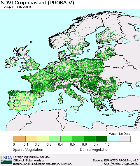 Europe NDVI Crop-masked (PROBA-V) Thematic Map For 8/1/2019 - 8/10/2019