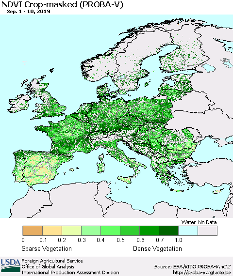 Europe NDVI Crop-masked (PROBA-V) Thematic Map For 9/1/2019 - 9/10/2019