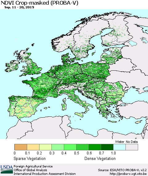 Europe NDVI Crop-masked (PROBA-V) Thematic Map For 9/11/2019 - 9/20/2019
