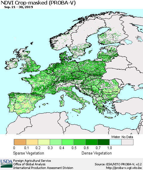 Europe NDVI Crop-masked (PROBA-V) Thematic Map For 9/21/2019 - 9/30/2019