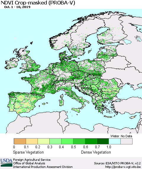 Europe NDVI Crop-masked (PROBA-V) Thematic Map For 10/1/2019 - 10/10/2019