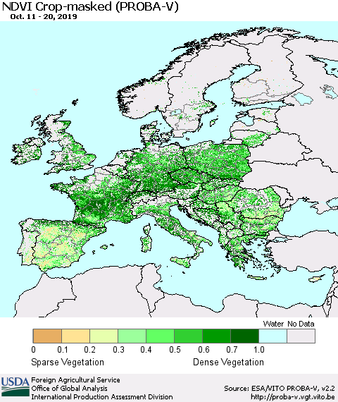 Europe NDVI Crop-masked (PROBA-V) Thematic Map For 10/11/2019 - 10/20/2019