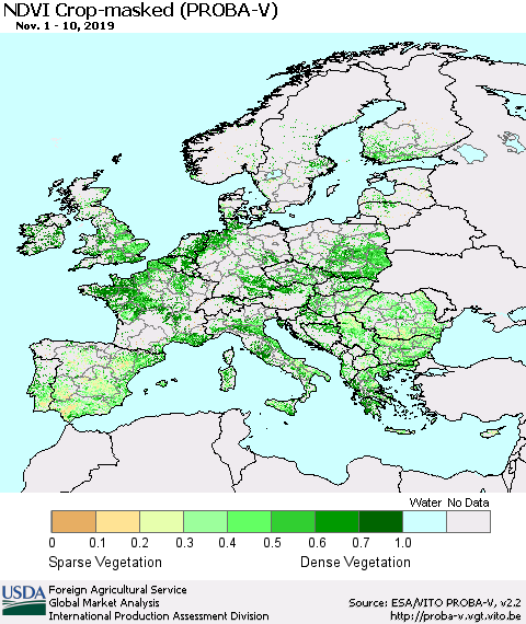 Europe NDVI Crop-masked (PROBA-V) Thematic Map For 11/1/2019 - 11/10/2019