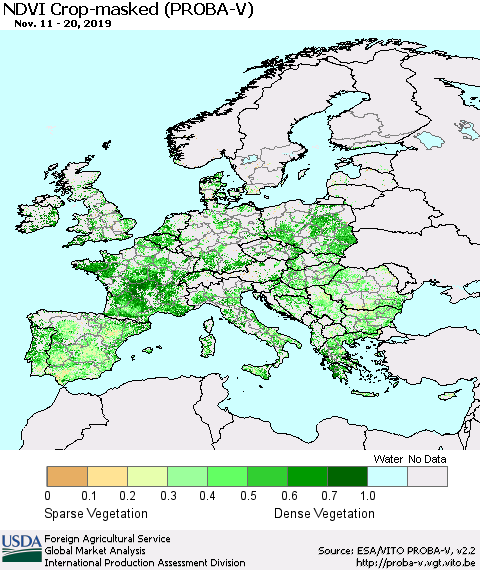 Europe NDVI Crop-masked (PROBA-V) Thematic Map For 11/11/2019 - 11/20/2019