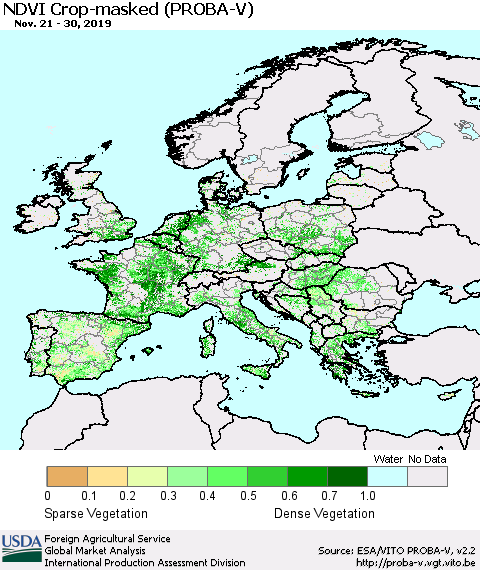 Europe NDVI Crop-masked (PROBA-V) Thematic Map For 11/21/2019 - 11/30/2019