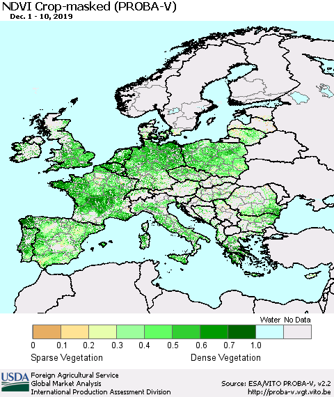 Europe NDVI Crop-masked (PROBA-V) Thematic Map For 12/1/2019 - 12/10/2019