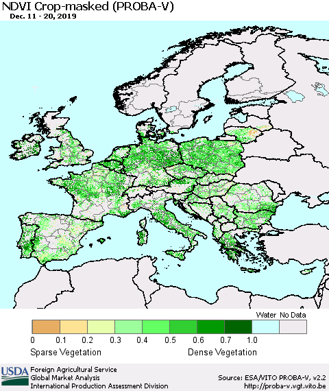 Europe NDVI Crop-masked (PROBA-V) Thematic Map For 12/11/2019 - 12/20/2019