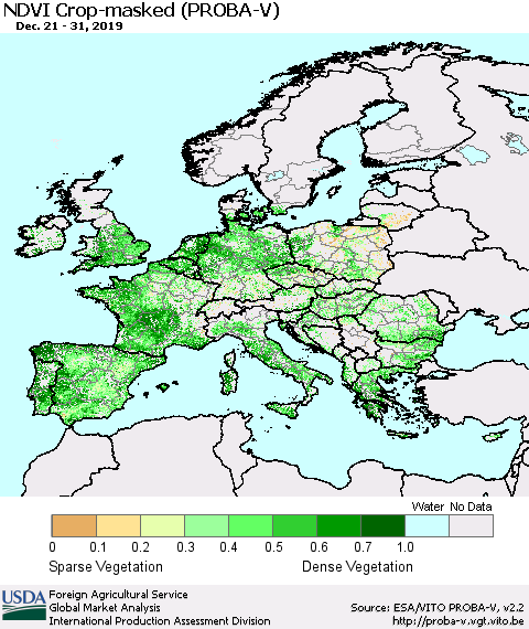 Europe NDVI Crop-masked (PROBA-V) Thematic Map For 12/21/2019 - 12/31/2019