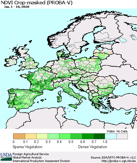 Europe NDVI Crop-masked (PROBA-V) Thematic Map For 1/1/2020 - 1/10/2020