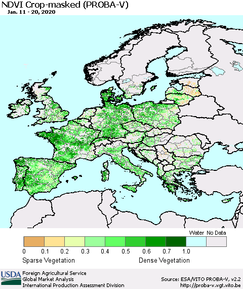 Europe NDVI Crop-masked (PROBA-V) Thematic Map For 1/11/2020 - 1/20/2020