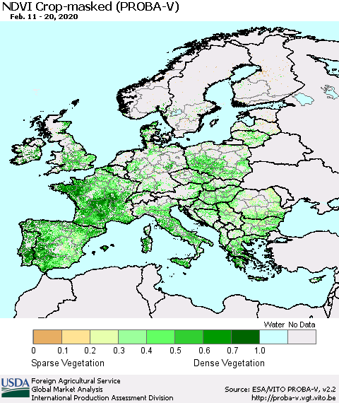 Europe NDVI Crop-masked (PROBA-V) Thematic Map For 2/11/2020 - 2/20/2020