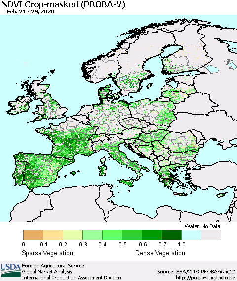 Europe NDVI Crop-masked (PROBA-V) Thematic Map For 2/21/2020 - 2/29/2020