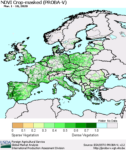 Europe NDVI Crop-masked (PROBA-V) Thematic Map For 3/1/2020 - 3/10/2020