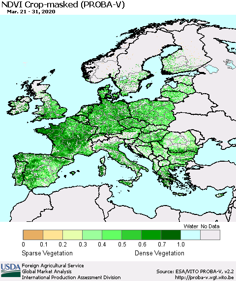 Europe NDVI Crop-masked (PROBA-V) Thematic Map For 3/21/2020 - 3/31/2020