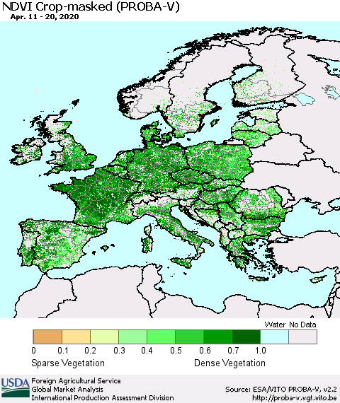 Europe NDVI Crop-masked (PROBA-V) Thematic Map For 4/11/2020 - 4/20/2020