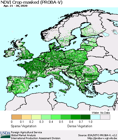 Europe NDVI Crop-masked (PROBA-V) Thematic Map For 4/21/2020 - 4/30/2020
