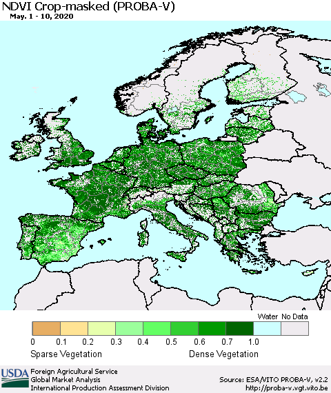 Europe NDVI Crop-masked (PROBA-V) Thematic Map For 5/1/2020 - 5/10/2020