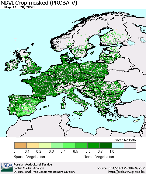 Europe NDVI Crop-masked (PROBA-V) Thematic Map For 5/11/2020 - 5/20/2020