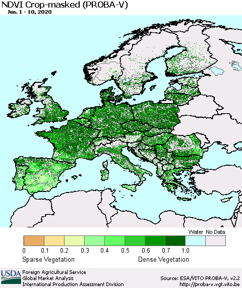 Europe NDVI Crop-masked (PROBA-V) Thematic Map For 6/1/2020 - 6/10/2020