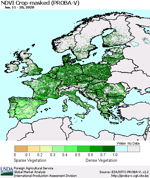 Europe NDVI Crop-masked (PROBA-V) Thematic Map For 6/11/2020 - 6/20/2020