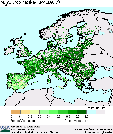Europe NDVI Crop-masked (PROBA-V) Thematic Map For 7/1/2020 - 7/10/2020