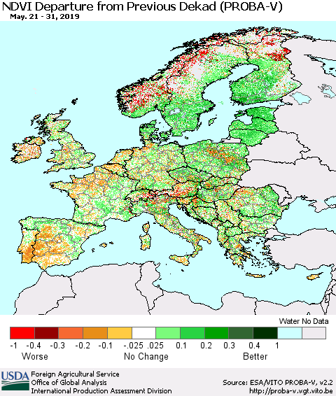 Europe NDVI Departure from Previous Dekad (PROBA-V) Thematic Map For 5/21/2019 - 5/31/2019