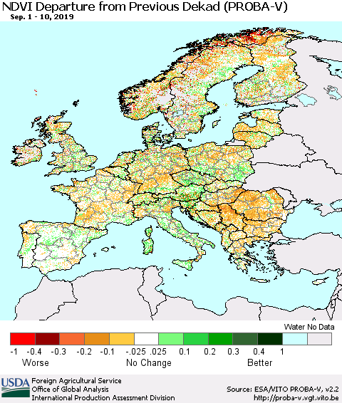 Europe NDVI Departure from Previous Dekad (PROBA-V) Thematic Map For 9/1/2019 - 9/10/2019