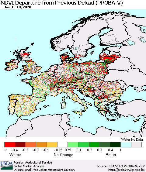 Europe NDVI Departure from Previous Dekad (PROBA-V) Thematic Map For 1/1/2020 - 1/10/2020