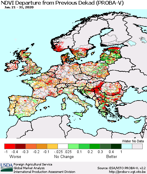 Europe NDVI Departure from Previous Dekad (PROBA-V) Thematic Map For 1/21/2020 - 1/31/2020