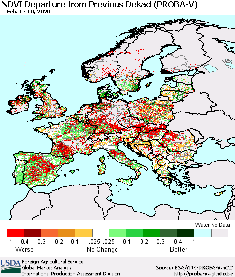 Europe NDVI Departure from Previous Dekad (PROBA-V) Thematic Map For 2/1/2020 - 2/10/2020