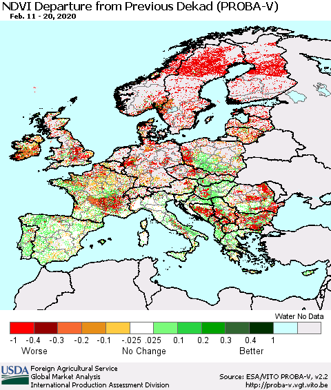 Europe NDVI Departure from Previous Dekad (PROBA-V) Thematic Map For 2/11/2020 - 2/20/2020