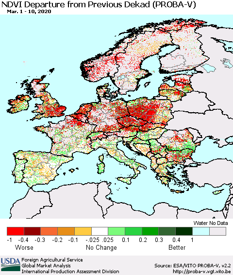 Europe NDVI Departure from Previous Dekad (PROBA-V) Thematic Map For 3/1/2020 - 3/10/2020