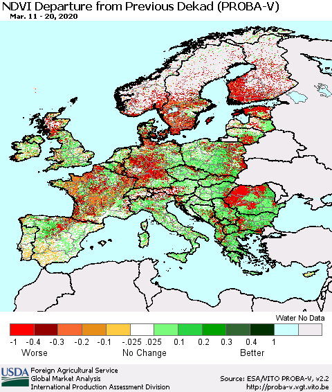 Europe NDVI Departure from Previous Dekad (PROBA-V) Thematic Map For 3/11/2020 - 3/20/2020