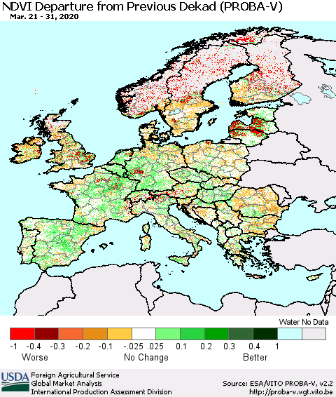 Europe NDVI Departure from Previous Dekad (PROBA-V) Thematic Map For 3/21/2020 - 3/31/2020