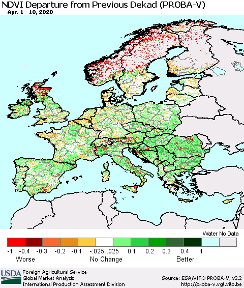 Europe NDVI Departure from Previous Dekad (PROBA-V) Thematic Map For 4/1/2020 - 4/10/2020