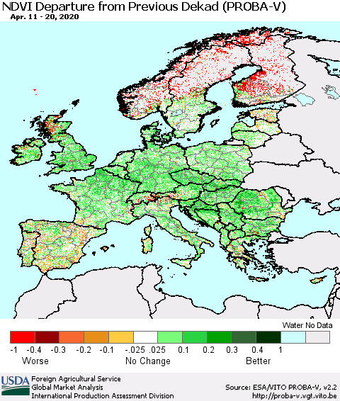 Europe NDVI Departure from Previous Dekad (PROBA-V) Thematic Map For 4/11/2020 - 4/20/2020