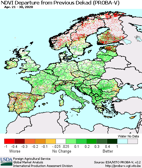 Europe NDVI Departure from Previous Dekad (PROBA-V) Thematic Map For 4/21/2020 - 4/30/2020