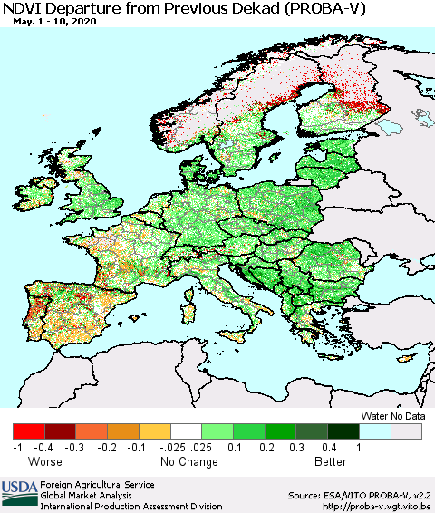 Europe NDVI Departure from Previous Dekad (PROBA-V) Thematic Map For 5/1/2020 - 5/10/2020