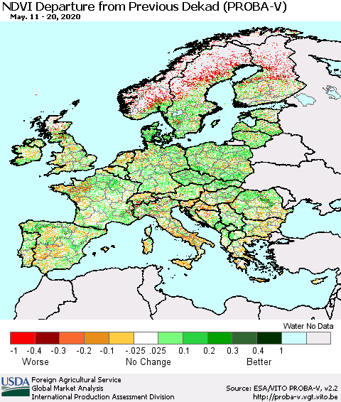 Europe NDVI Departure from Previous Dekad (PROBA-V) Thematic Map For 5/11/2020 - 5/20/2020