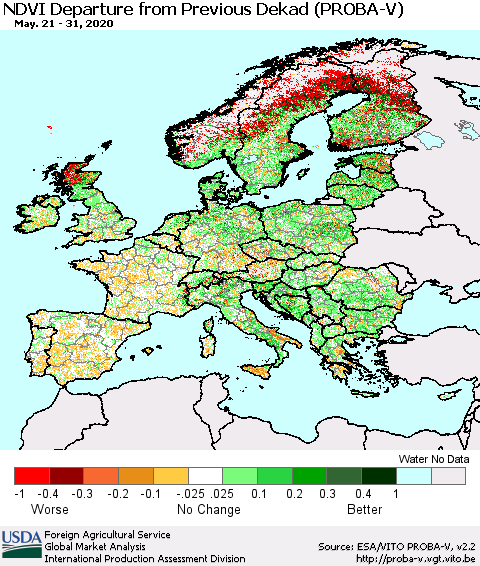 Europe NDVI Departure from Previous Dekad (PROBA-V) Thematic Map For 5/21/2020 - 5/31/2020